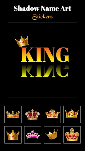 Crown stickers collection in Name Art app featuring golden KING text with royal crown designs and decorative elements