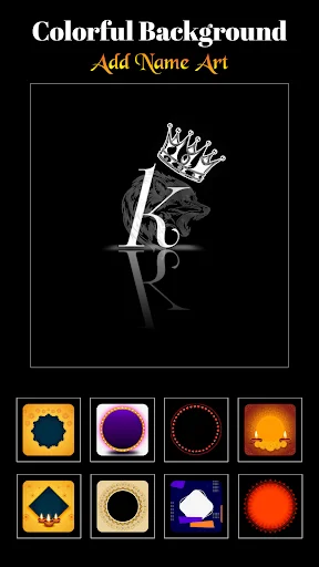 Colorful background selection screen showing letter K with crown design and 8 gradient background options for name art