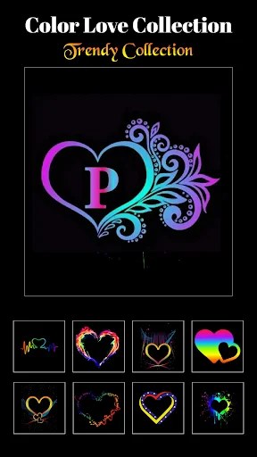 Love-themed name art collection displaying letter P in heart design with trendy colorful heart patterns and decorations