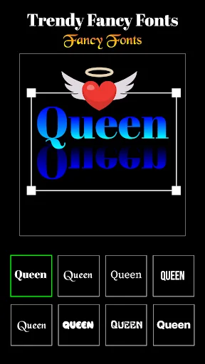 Fancy fonts gallery showing Queen text with angel wings and halo, plus 8 different typography styles for name design