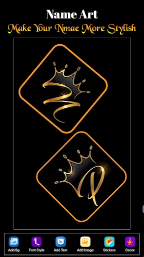 Name art creation interface with golden stylized letters and crown designs in diamond-shaped frames with editing tools