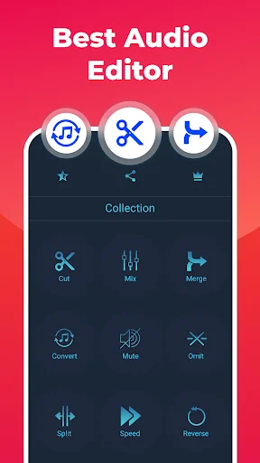 Audio Editor main menu with icons for cut, mix, merge, convert, mute, split, speed and reverse tools on dark interface