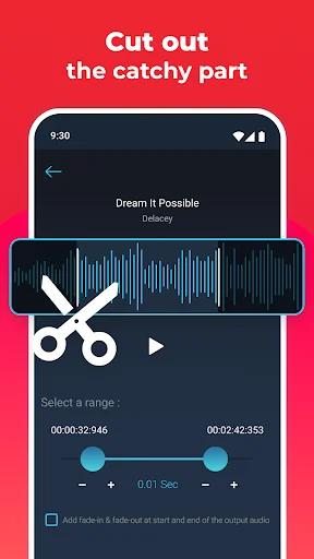 Audio cutting tool showing waveform with scissors icon to trim and select catchy parts of Dream It Possible song