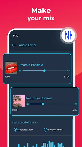 Audio mixing interface displaying two tracks - Dream It Possible and Ready For Summer with duration controls