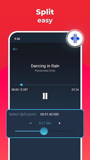 Audio splitting feature showing Dancing in Rain track with playback controls and split point selection at 42 seconds