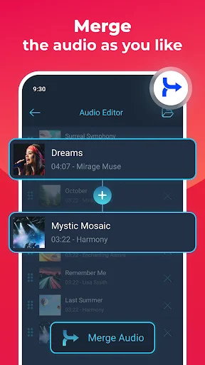Audio merge screen listing multiple tracks including Dreams and Mystic Mosaic with blue merge button at bottom