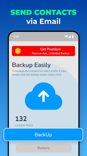 Recover Contacts & Backup app backup screen showing 132 contacts found with blue backup button and cloud upload icon