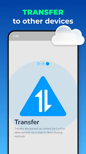 Contact transfer feature in Recover Contacts app with blue transfer icon and options to send contacts to other devices