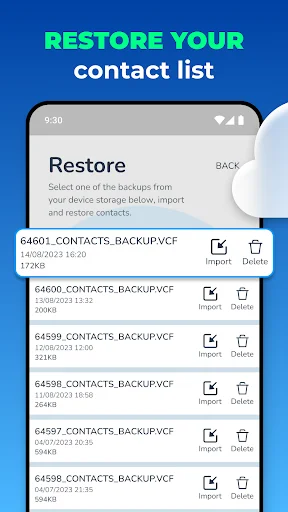 Restore contacts screen displaying backup file list with import and delete options for contact recovery and restoration