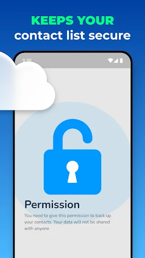 Security permission screen for Recover Contacts app with blue lock icon ensuring safe contact backup and data protection
