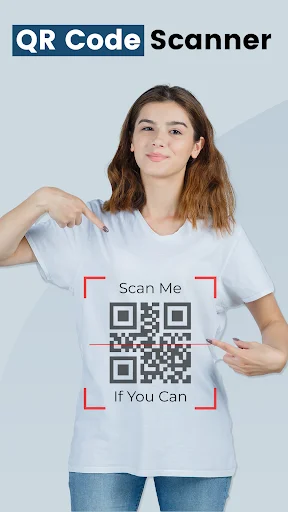 QR Scanner app promotional image showing woman pointing to QR code on her shirt with 'Scan Me If You Can' text