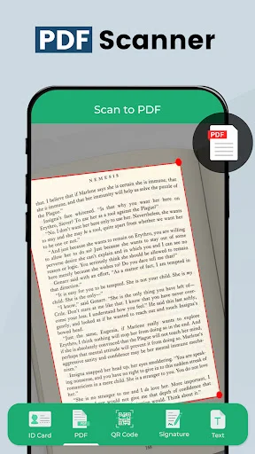 PDF Scanner feature showing document scan with red border outline and PDF icon, Scan to PDF button active