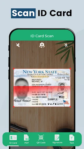 ID Card Scanner interface displaying New York State identification card sample with scan frame overlay