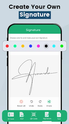 Digital signature creation tool with color palette, drawing canvas showing handwritten signature and editing controls