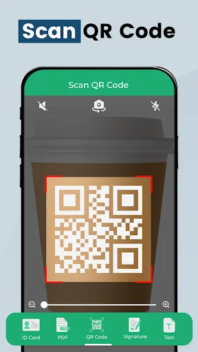QR Code Scanner camera interface with red frame targeting QR code, green scan button and bottom navigation menu