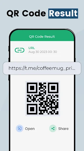 QR Code scan result screen displaying URL link with timestamp, QR code image, and Open/Share action buttons