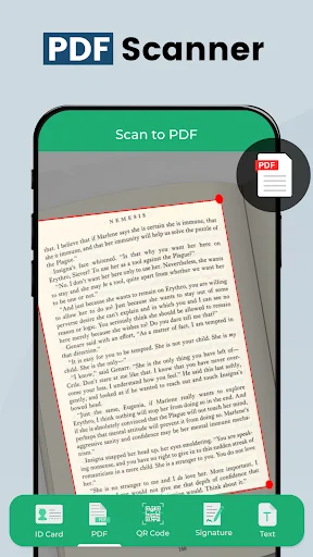 PDF Scanner feature showing document scan with red border outline and PDF icon, Scan to PDF button active
