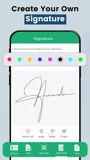 Digital signature creation tool with color palette, drawing canvas showing handwritten signature and editing controls
