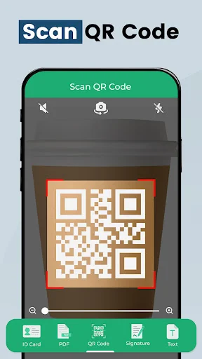 QR Code Scanner camera interface with red frame targeting QR code, green scan button and bottom navigation menu