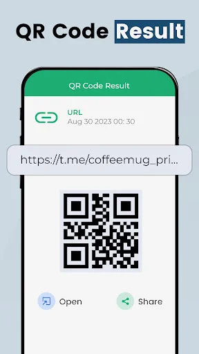 QR Code scan result screen displaying URL link with timestamp, QR code image, and Open/Share action buttons