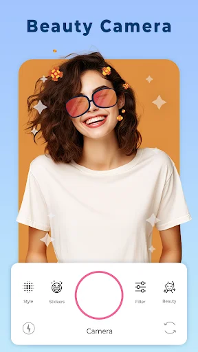 Beauty Camera selfie editor main screen with smiling woman wearing sunglasses and camera interface controls