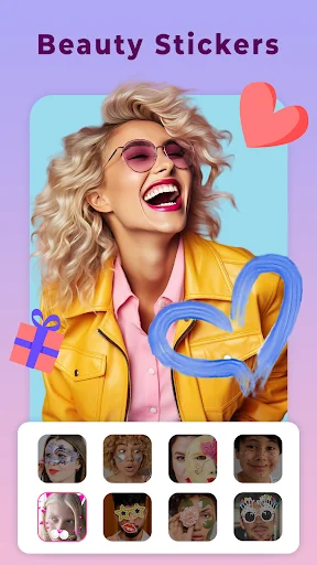 Beauty stickers feature showing blonde woman with decorative heart and gift stickers overlay options menu