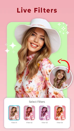Live filters screen displaying woman in hat with real-time filter effects and filter selection thumbnails