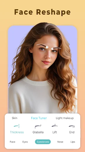 Face reshape tool interface with brunette woman showing facial feature adjustment controls and sliders