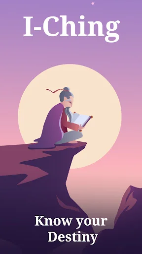 I-Ching app splash screen with mystic figure reading ancient book on mountain cliff. 'Know your Destiny' fortune telling