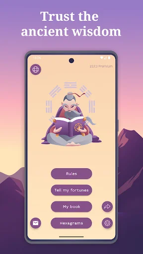 I-Ching main menu with sage meditating. Ancient wisdom divination app features: Rules, Tell my fortunes, My Book, Hexagrams