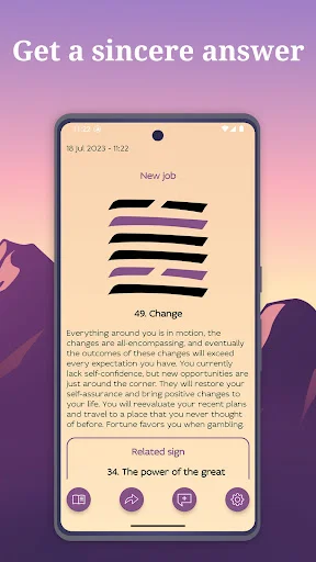 I-Ching hexagram reading result showing Change symbol #49 with detailed fortune interpretation and 'Related sign' option