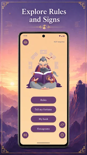 I-Ching app menu displaying Rules, Tell me fortune, My book, and Hexagrams navigation options