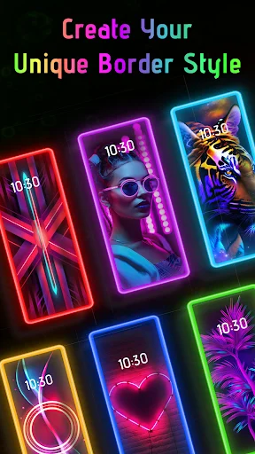 Edge Lighting app showcasing colorful neon border styles on phone mockups with vibrant LED effects and custom wallpapers