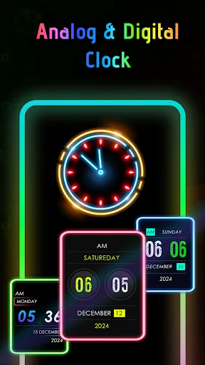 Analog and digital clock widgets with neon borders featuring customizable LED lighting effects and calendar date displays