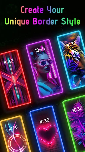 Multiple phone designs with unique neon border lighting styles including geometric patterns and colorful LED edge effects