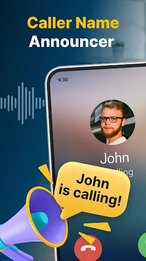 Caller Name Announcer app showing incoming call from John with voice announcement bubble and megaphone icon