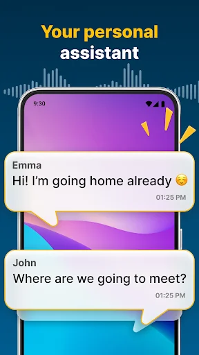 Personal assistant feature showing text message notifications from Emma and John with caller identification