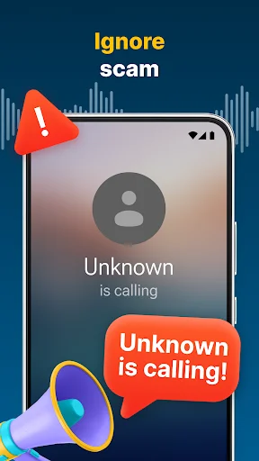 Scam call protection showing unknown caller with warning icon and voice announcement for call screening