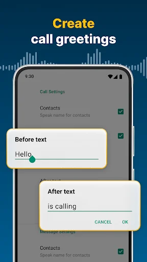 Call greeting settings screen allowing users to customize before and after text for caller announcements