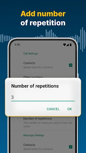 Repetition settings allowing users to set number of times caller name is announced during incoming calls
