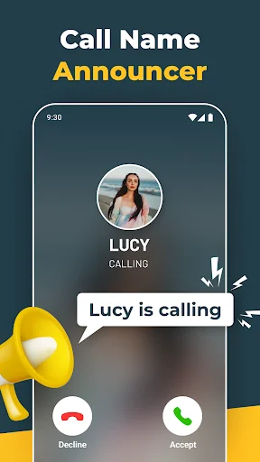 Caller Name Announcer app interface showing incoming call from Lucy with speech bubble announcing 'Lucy is calling'