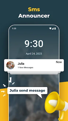 SMS voice announcer showing Julia's text message with audio speech bubble notification on mobile home screen