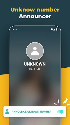 Unknown caller announcer interface with generic contact silhouette and toggle to enable unknown number announcements
