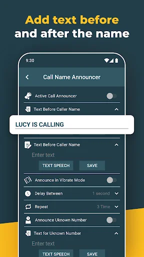 Settings screen for Call Name Announcer app with text customization options before and after caller name announcement
