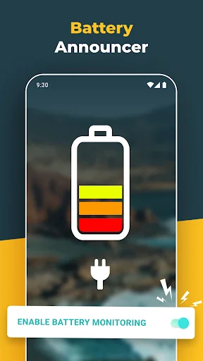 Battery status announcer showing colorful battery level indicator with enable battery monitoring toggle switch