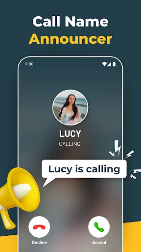 Call Name Announcer main screen displaying Lucy's incoming call with voice announcement and accept/decline buttons