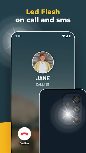 LED flash alert system for incoming calls from Jane with bright camera flash notification and decline button