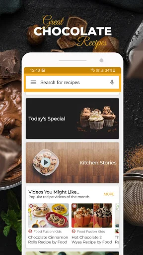 Chocolate Recipes app home screen with search bar, Today's Special cupcakes, Kitchen Stories section, and popular recipe videos