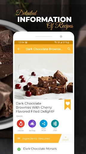 Dark Chocolate Brownies with Cherry recipe detail page showing ingredient list, calories, servings, and share options