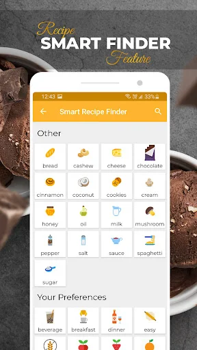 Smart Recipe Finder feature with ingredient filter options including bread, cheese, spices, and meal preference selections